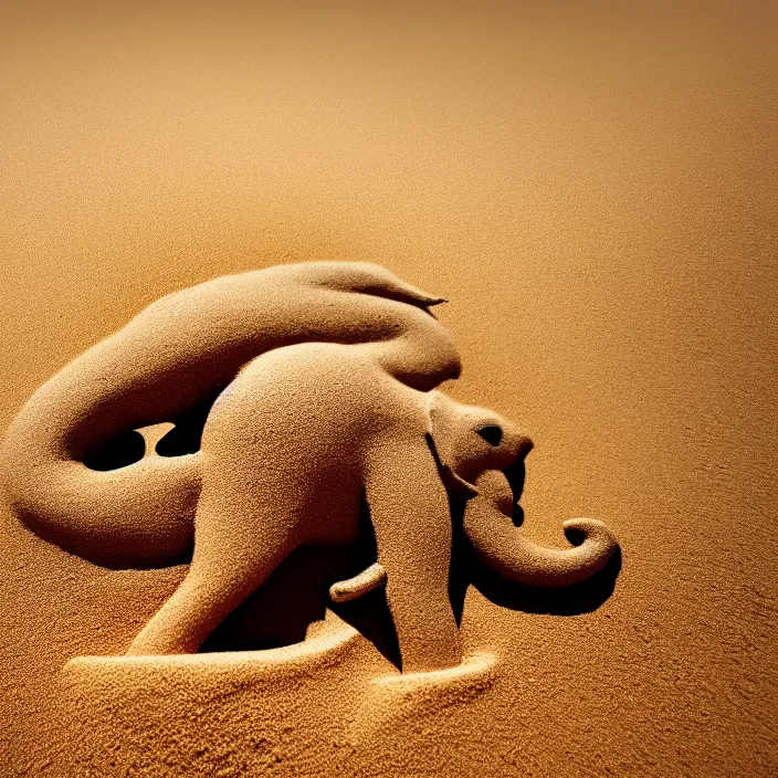 Image similar to fantasy art of an elephant made of sand in the middle of a very sandy desert storm sand, 4 k, high quality, sharp, 1 6 k, trending in artstation