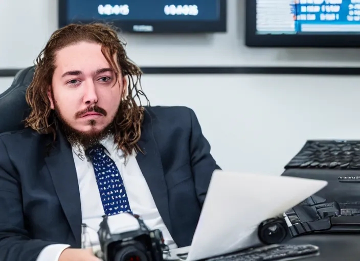 Image similar to dslr photo still of post malone as a stock broker, 8 k, 8 5 mm f 1 6