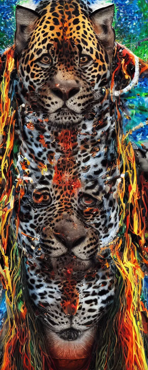 Image similar to the painting of a shaman turning into a jaguar 4 k render