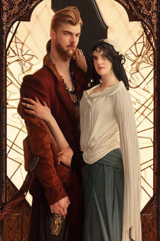 Image similar to a portrait of handsome young evil male Satan and his elegant beautiful wife, bored, illustration, dramatic lighting, soft details, painting oil on canvas, art nouveau, octane render, HDR, 4k, 8k, HD, by Edmund Blair Leighton, Brom, Charlie Bowater, trending on artstation,