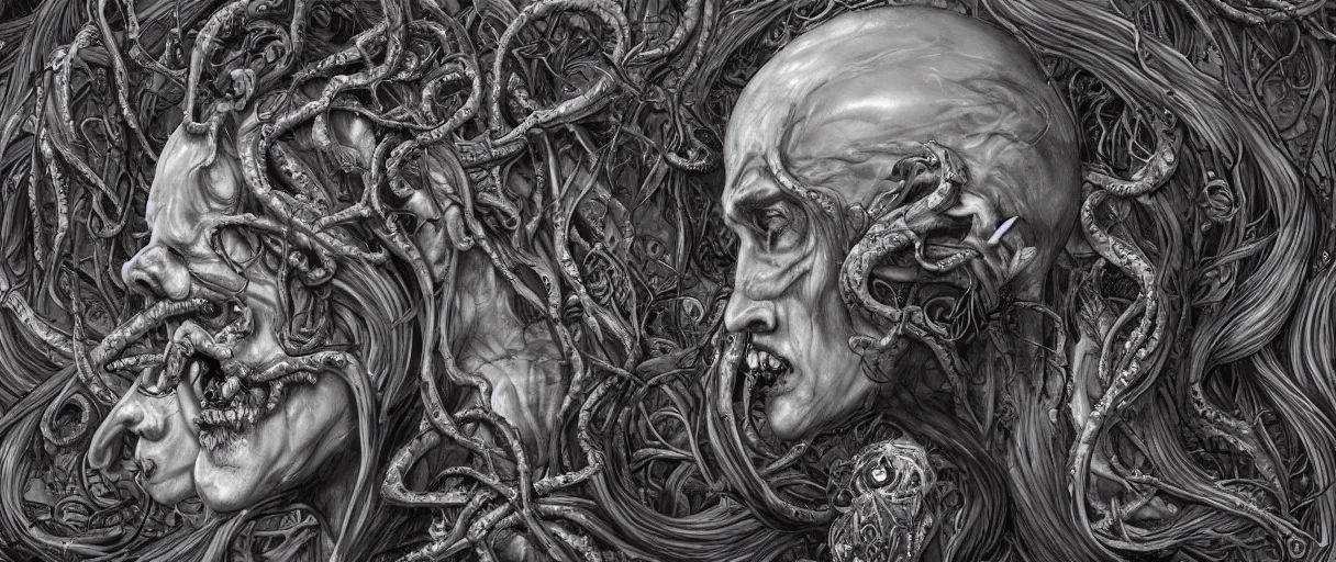 Image similar to centered horrifying detailed side view profile portrait of a insane, crazed, mad old bald zombie, eldritch abomination, dunwitch horror, ornate tentacles growing around, ornamentation, thorns, vines, tentacles, elegant, beautifully soft lit, full frame, 8 k by wayne barlowe, peter mohrbacher, kelly mckernan, h r giger