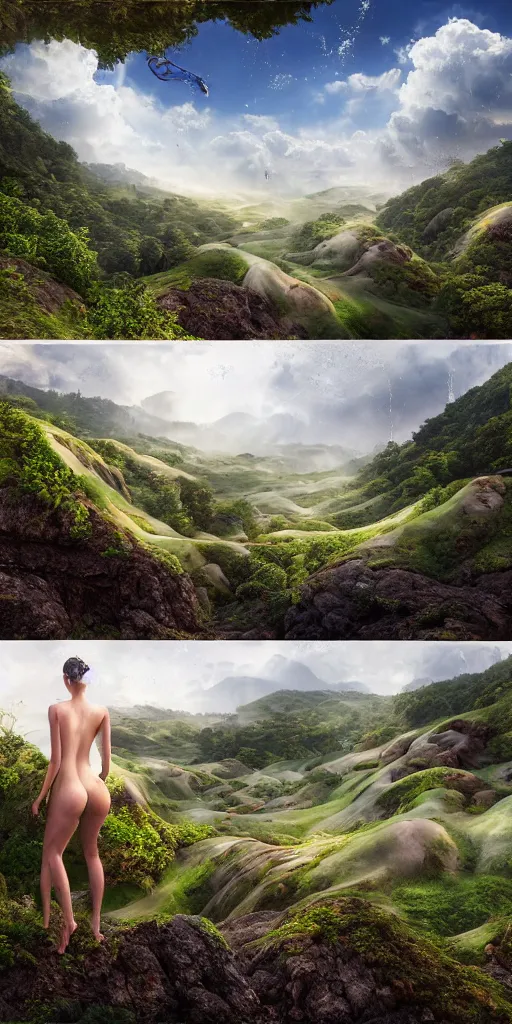 Image similar to a 3 d matte painting of rolling hills of beautiful skin, dripping wet, landscape painting, photography, highly detailed, hyperrealistic