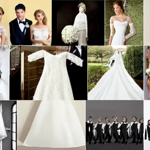 Image similar to a collage of wedding dresses and tuxedos