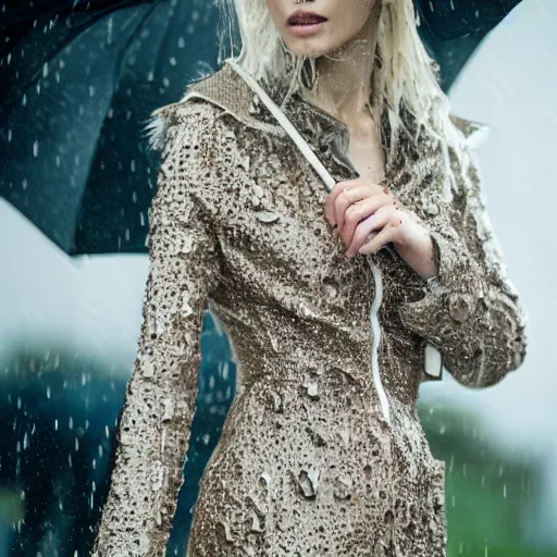 Prompt: close up of a wet fashion model in luxury dress, rainy, official valentino editorial, highly detailed