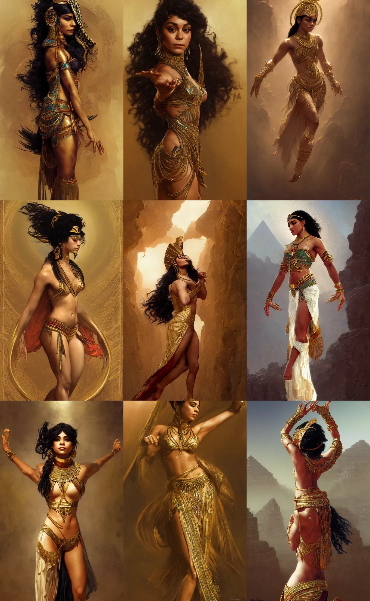 Prompt: Vanessa Hudgens as egyptian dancer, intricate, elegant, highly detailed, digital painting, artstation, concept art, smooth, sharp focus, illustration, art by and greg rutkowski and orientalism and bouguereau