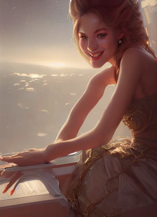 Prompt: woman sitting on a spaceship window, beautiful detailed dress, close face!!!! portrait, beautiful model girl, smiling, by artgerm, by wlop, by greg rutkowski, octane render, digital art