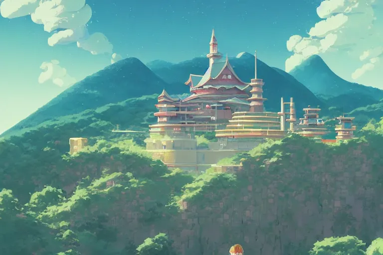 Prompt: retro - futurism anime castle on a mountain in clouds with lots of details look from above rule of thirds golden ratio, fake detail, trending pixiv fanbox, acrylic palette knife, style of makoto shinkai studio ghibli genshin impact james gilleard greg rutkowski chiho aoshima