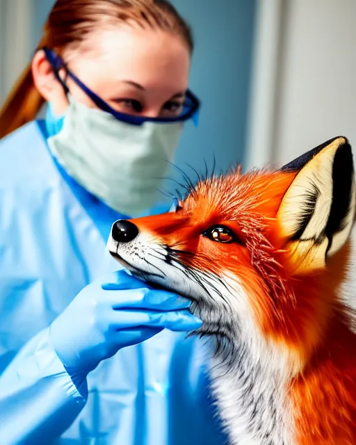 Prompt: photorealistic photo of anthropomorphic female fox animal dressed in labcoat, surgical mask covering mouth, putting on surgical gloves, fox animal, hospital in background, oil painting, 8 5 mm f / 1. 4