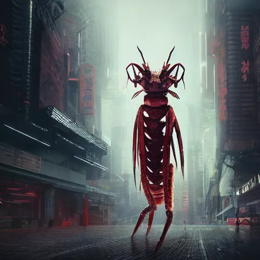 Image similar to a giant shrimp standing in a dystopian city, cyberpunk, dystopian, god, evil, villain, sharp focus, dynamic lights, still, photograph, hyper realistic, masterpiece, digital, octane render, rendered, 3 d, cinematic, cinematic lighting, dramatic lighting, highly detailed, intricate details, texture, cinematic composition, by donglu yu and kevin jick and eddie del rio