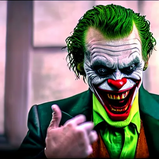 Image similar to Willem Dafoe as (The Joker) laughing maniacally 8k hdr