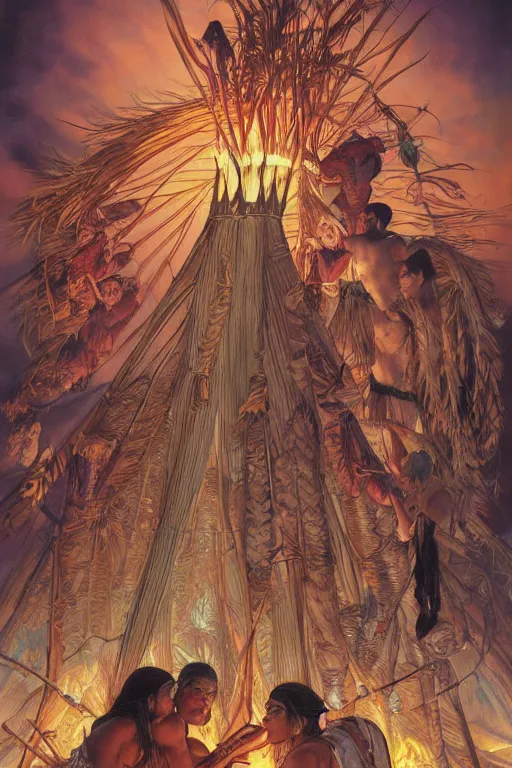 Image similar to serene scene of native americans around a fire in front of a tipi, by artgerm and yoshitaka amano and moebius and alphonse mucha, hyperdetailed, dc comics, ornate, nebula, explosions in the sky, trending on artstation