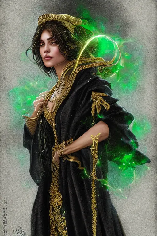 Prompt: a close - up three - quarters profile portrait of a beautiful sorceress wearing a black robe with gold embroidery, casting a spell, green glows, painted by artgerm and tom bagshaw, highly detailed digital art