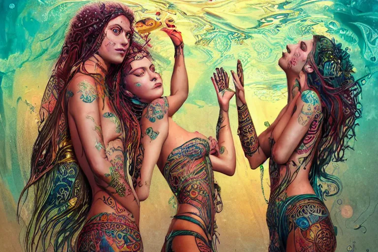 Prompt: a centered full body render of alluring festival hippies with tribal tattoos surrounded by a underwater ink pour and flowing liquid galium and sacred geometry, perfect body and faces, powerful, cinematic, beautifully lit, by artgerm, by karol bak, by donato giancola, 3 d, trending on artstation, octane render, 8 k