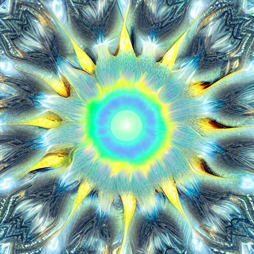 Image similar to a fractalizing crystalline sunflower, bioluminescent opal, magnificent lighting, ethereal, ray tracing