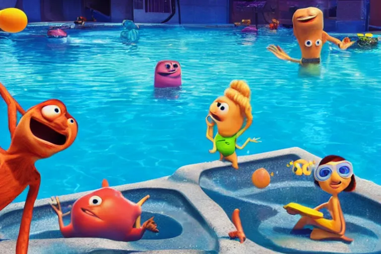 Image similar to photograph of a Pixar character chilling in a swimming pool in Mars with his friends, animation, Pixar style