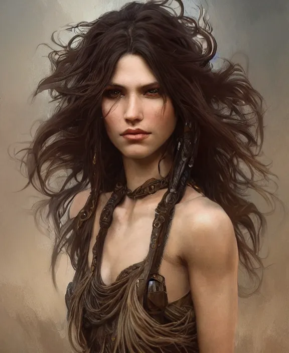 Image similar to portrait of a ruggedly beautiful goddess, soft hair, half body, leather, hairy, d & d, fantasy, intricate, elegant, highly detailed, digital painting, artstation, concept art, smooth, sharp focus, illustration, art by artgerm and greg rutkowski and alphonse mucha