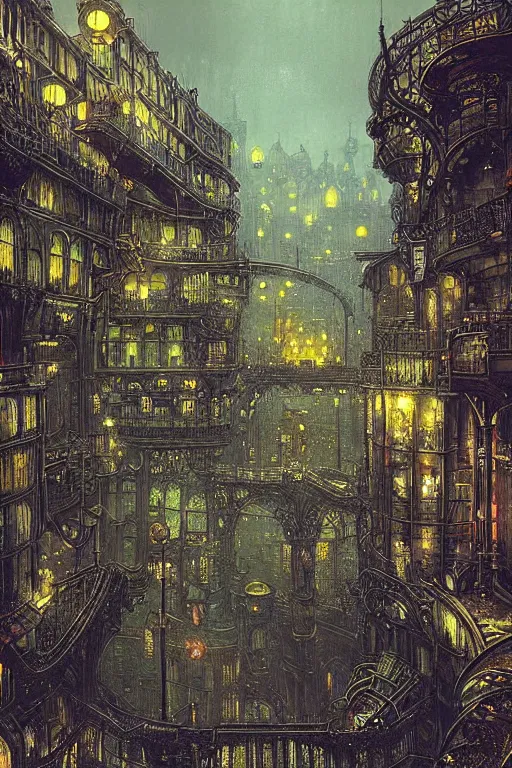 Prompt: beautiful matte steampunk landscape of pipe city by john atkinson grimshaw