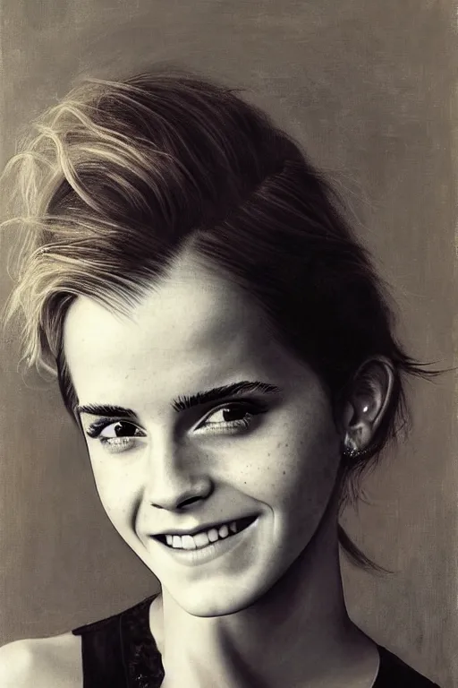 Prompt: emma watson smiling laughing gathered faille v - neck smiling detailed portrait painting by gaston bussiere craig mullins j. c. leyendecker photograph by richard avedon peter lindbergh annie leibovitz