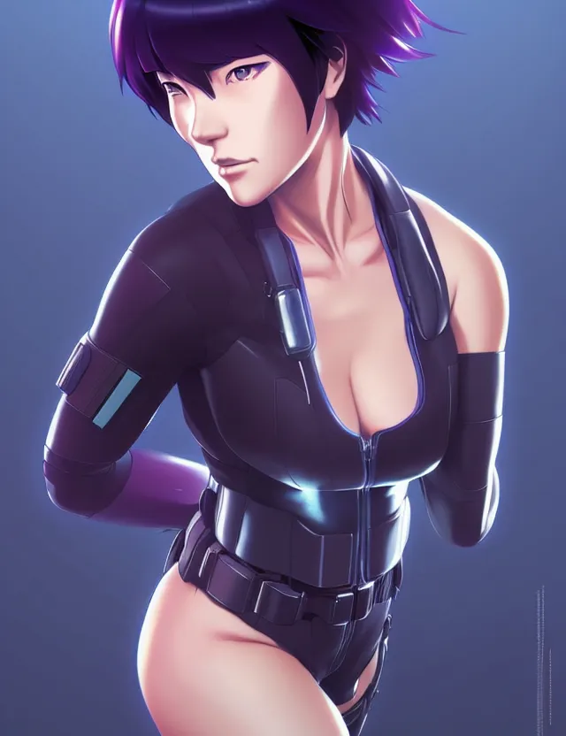 Image similar to a fullbody portrait of motoko kusanagi the major ghost in the shell : : stand alone complex, under repairs, maintenance : : by ilya kuvshinov, rossdraws, artgerm, sola digital arts, anti aliasing, raytracing : :