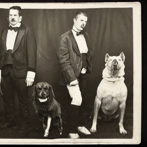 Prompt: black and white vintage portrait of a ragtag team of three dogs as a crew of thieves in a dark steampunk setting