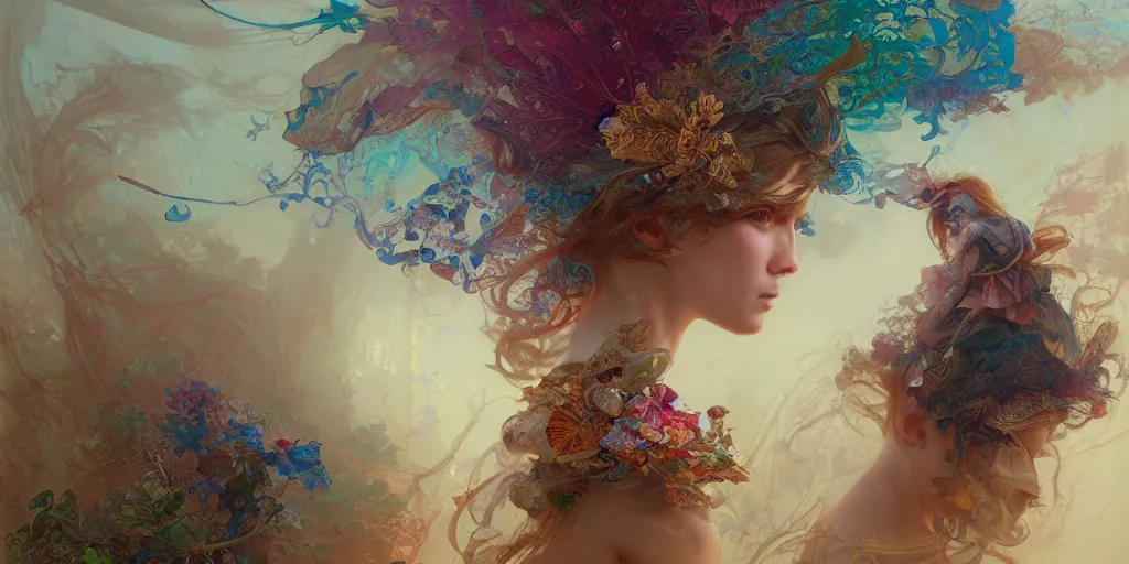 Prompt: a beautiful girl in intricate detailed color oilpaint, 3 d render, hyper realistic detailed portrait, big flocking color leaves, ornate leaves, elegant, intense colors, ruan jia, wlop. scifi, fantasy, hyper detailed, octane render, concept art, by peter mohrbacher, by alphonse mucha, by wlop, by ruan jia