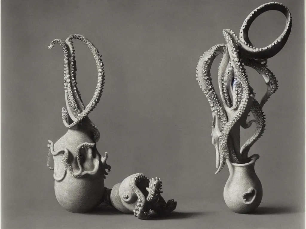 Image similar to flaming gothic stone vase, pot, jug in the shape of octopus. karl blossfeldt, salvador dali