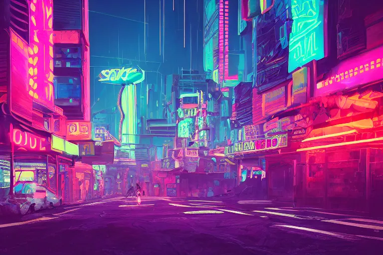 Image similar to a dreamlike cyberpunk city sit in the very far future, neon signs, shops and bars, floating buildings, glowing neons, synthwave, slightly abstract, rich deep colors, 4 k, realistic photography, flying cars in the distance, robot humanoids, anthropomorphic vehicles, fantasy setting, brilliant dreamy lighting, 8 0 s vibe, morning, blue sun