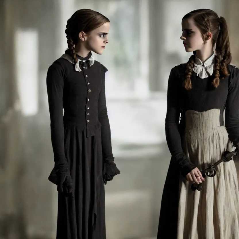 Image similar to emma watson as wednesday addams, movie still, 8 k,