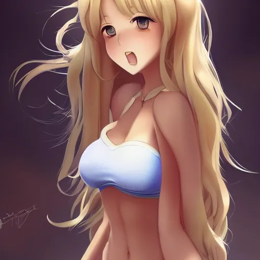 Prompt: a very beautiful young tennis anime cute girl, full body, long wavy blond hair, sky blue eyes, full round face, bikini, miniskirt, front view, mid - shot, highly detailed, cinematic wallpaper by stanley artgerm lau