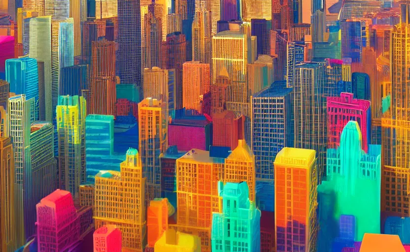 Image similar to chicago skyline but all buildings are made of colorful jello by anthony danielle and ray canlas jr, smooth surfaces, photorealistic, tilt shift, unreal engine render, octane render, 8 k