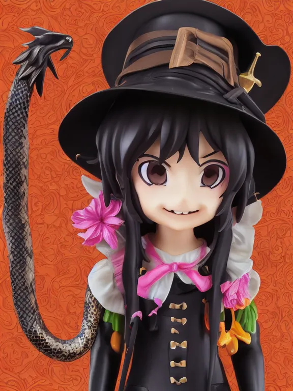 Image similar to A good smile anime figure Full shot of a cute mischievous young witch about to get up to some trouble with her playful snake familiar. Latin American fashion. Floral patterns. Black and Orange palette. Magic. defined facial features, symmetrical facial features. PVC Figure. award winning, Artstation, intricate details, realistic, Hyperdetailed, 8k resolution.