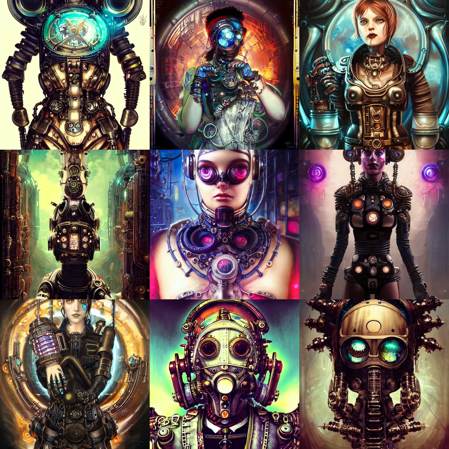 Prompt: fractal cosmic steampunk biopunk cyberpunk bioshock goth lofi anime cosplay divine giger portrait, pixar style, by tristan eaton stanley artgerm and tom bagshaw.