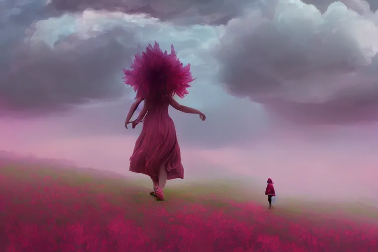 Prompt: giant dahlia flower on face, girl walking on mountain, surreal photography, pink storm clouds, dramatic light, impressionist painting, digital painting, artstation, simon stalenhag