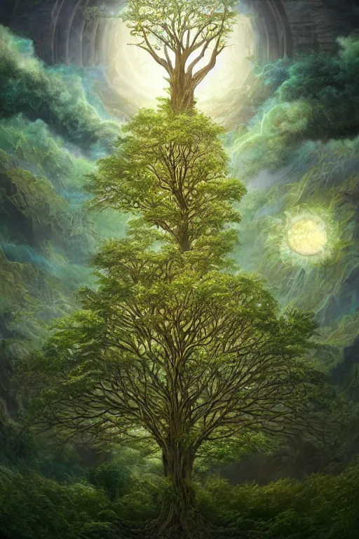 Image similar to tree of life, four seasons, volymetric light, highly detailed matte painting by ( ohrai ), charlie bowater and mark brooks