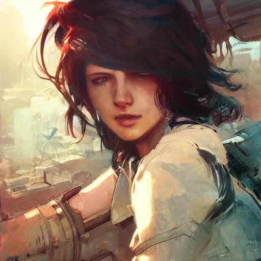 Image similar to fallout 5, charismatic beautiful rugged brunette female protagonist, portrait, outdoors tropical cityscape, atmospheric lighting, painted, intricate, volumetric lighting, beautiful, daytime, sunny weather, few clouds, sharp focus, deep colours, ultra detailed, art by krenz cushart and wenjun lin