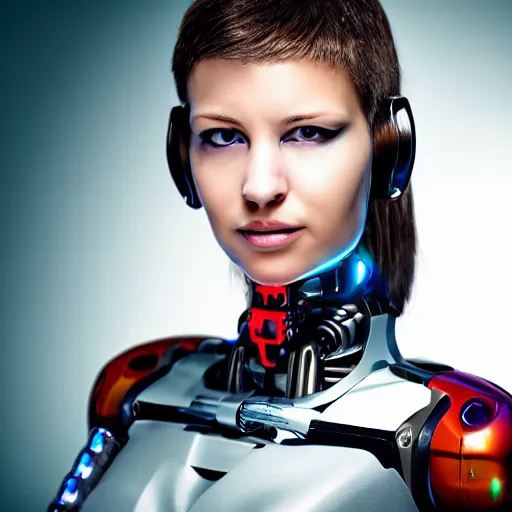 Prompt: portrait photo of a ((beautiful)) female cyborg