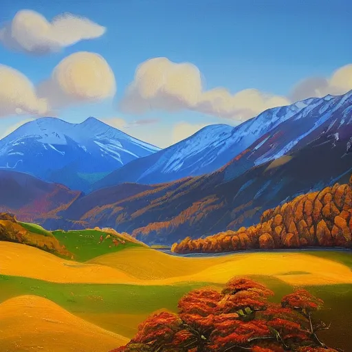 Image similar to autumnal scottish valley view with snowy mountains in the background and a deep blue sky by lisa frank and tyler edlin