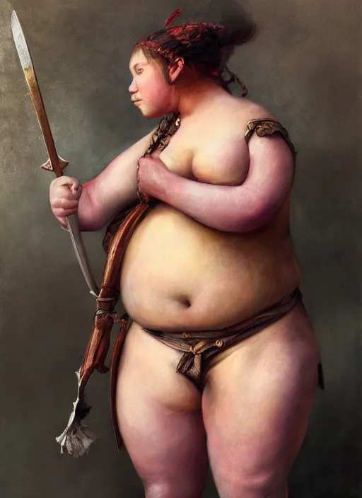 Prompt: hyper realistic painting of medieval chubby beautiful warrior girl, full body, rule of thirds, conceptart, saturated colors, jean baptiste monge