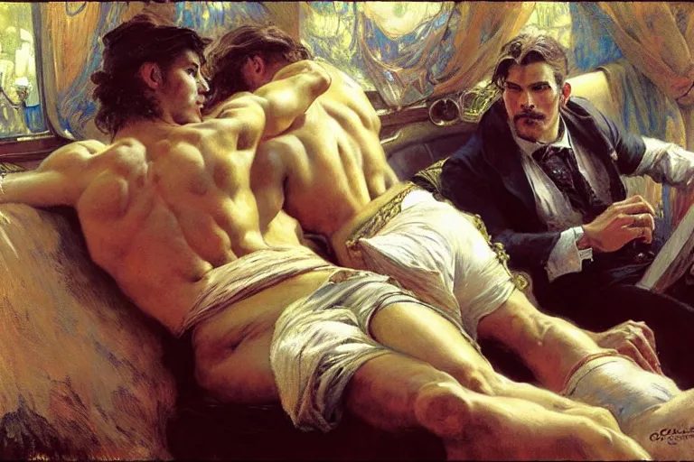 Image similar to 2 muscular attractive men sitting on a coach, painting by gaston bussiere, craig mullins, greg rutkowski, alphonse mucha