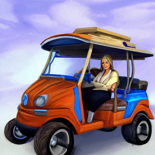 Prompt: Jaina proudmoore, painting, high resolution, 4k, artstation, driving a golf cart