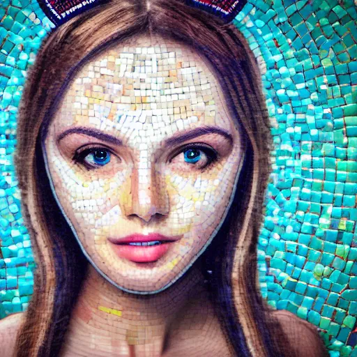 Image similar to portrait mosaic of a beautiful cute young woman with robot ears and eyes, 4k, intricate details