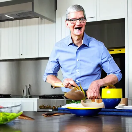 Prompt: Tim Cook cooking in a blue and yellow modern house