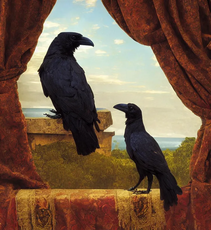 Image similar to a beautifully photoreal clear detailed victorian portrait of a close up raven on a victorian windowsill with an ornate velvet dark teal curtain at beautiful sunset daytime nature sunlit painting by frederic leighton and turner and rosetti, 8 k, octane render