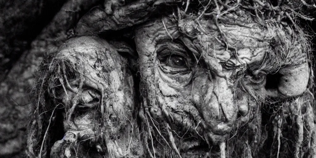 Image similar to historical sharp 4 k photograph of a man turning into a grotesque monster with goathorns and roots growing from his face, in a hut in the alps, dark, eerie, grainy