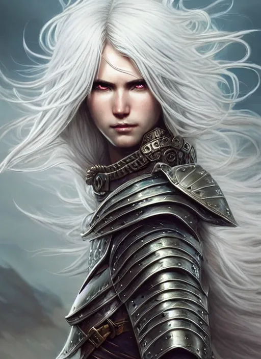 Image similar to warrior, leather armor!!! long wild white hair!! covered chest!!! fantasy, d & d, intricate ornate details, digital painting, pretty face!!, symmetry, concept art, sharp focus, illustration, art by artgerm! greg rutkowski magali villeneuve wlop! ilya kuvshinov!!, octane render