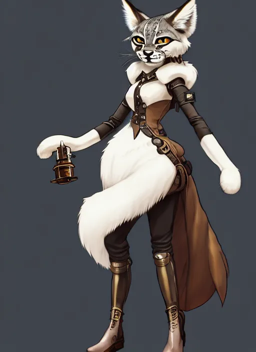 Image similar to wide angle beautiful full body portrait of a strong female anthropomorphic anthro lynx fursona wearing a steampunk dress. character design by disney, anime, manga, charlie bowater, ross tran, artgerm, and makoto shinkai, detailed, soft lighting, rendered in octane, white fur