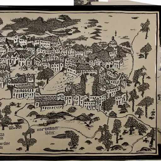 Prompt: ink-painted map of a medieval town, drawn on a scroll -6