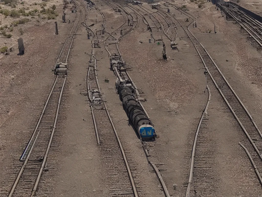 Prompt: train line with water wagons along gigantic pipelines in desert, stylised, artstation