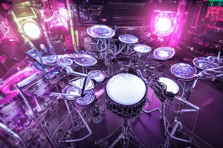 Image similar to photo of huge robotic drumset on a concert tage, the drumset is futuristic steampunk style with gears and tubes, 8 k, fluorescent colors, halluzinogenic, multicolored, exaggerated detailed, unreal engine