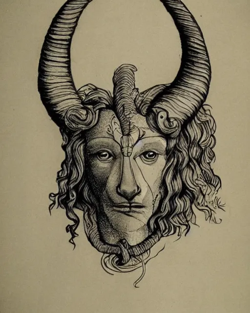 Image similar to human / eagle / lion / ox hybrid. horns, beak, mane, human body. symmetrical. drawn by da vinci